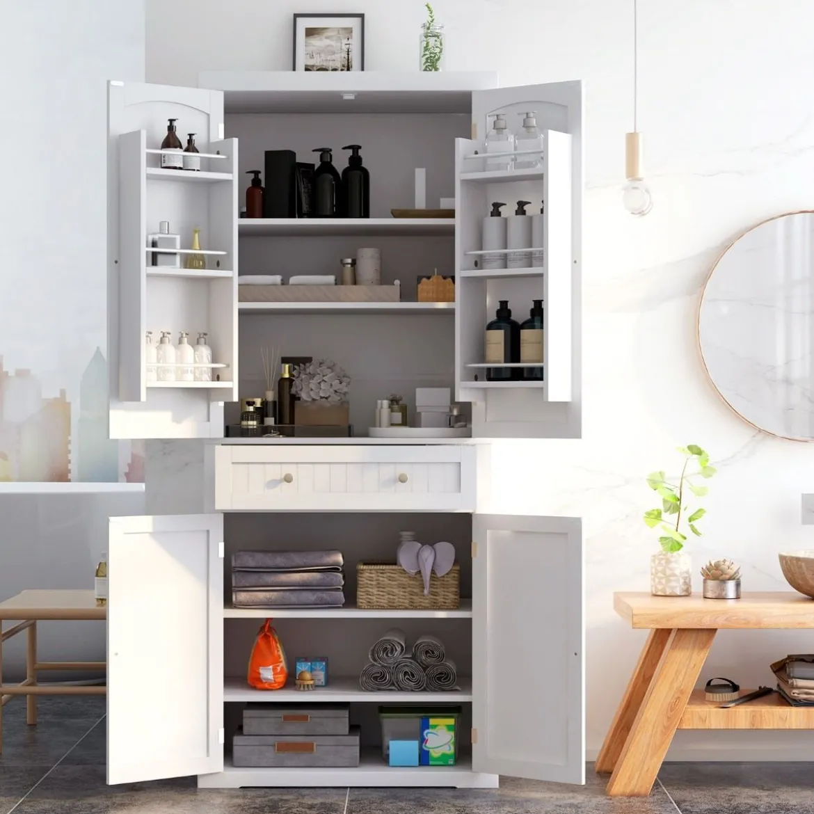 183 cm Hoher Freistehender Küchenschrank mit 4 Türen 76,5 x 40 x 183 cm Weiß