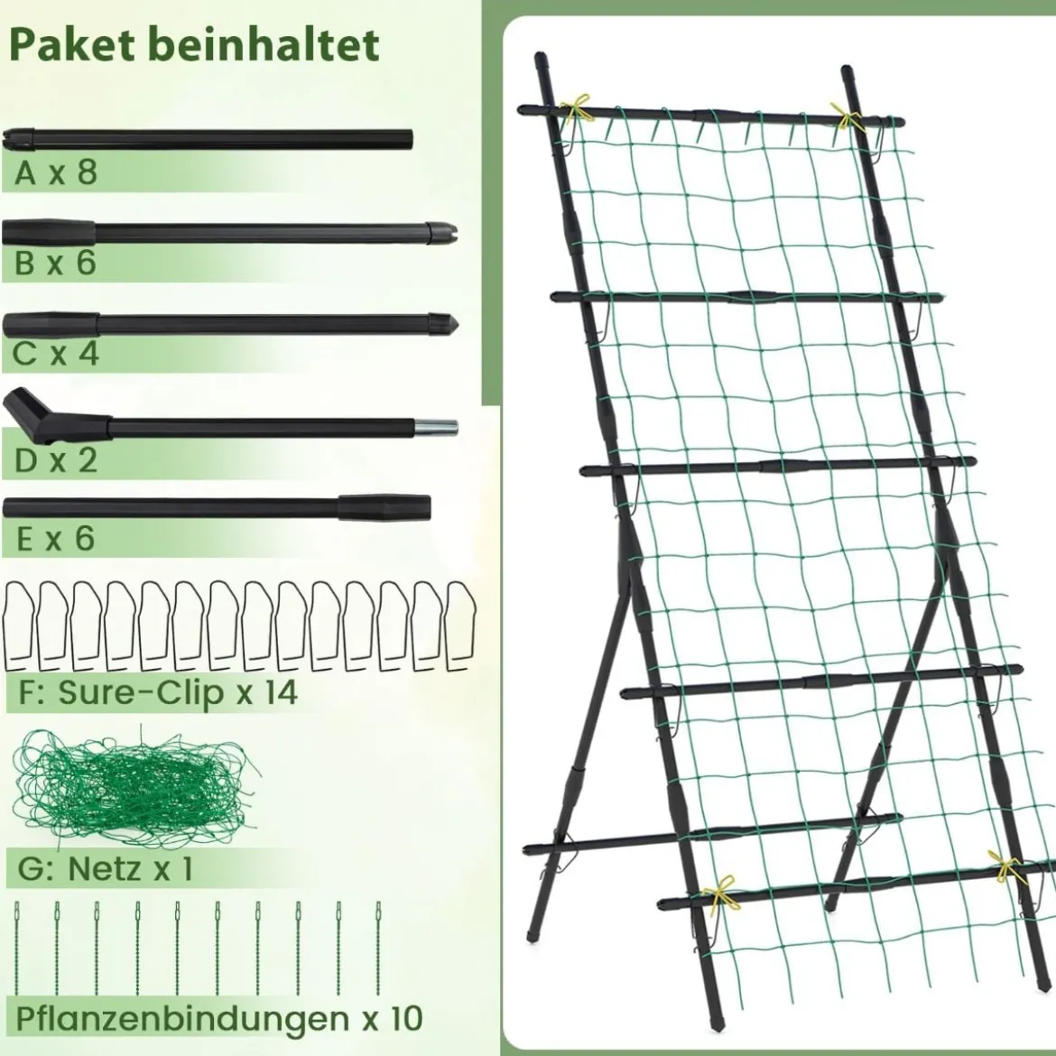 187 cm Hoher Garten-Trellis mit Netz für Gurken-Kletterpflanzen Vertikaler Pflanzenstützständer