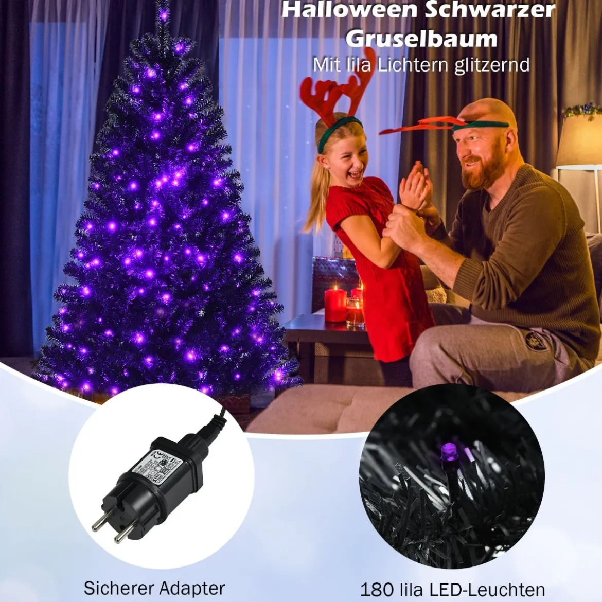 150 cm hoher Halloween- / Weihnachtsbaum schwarzer künstlicher Baum mit lila LED-Lichtern