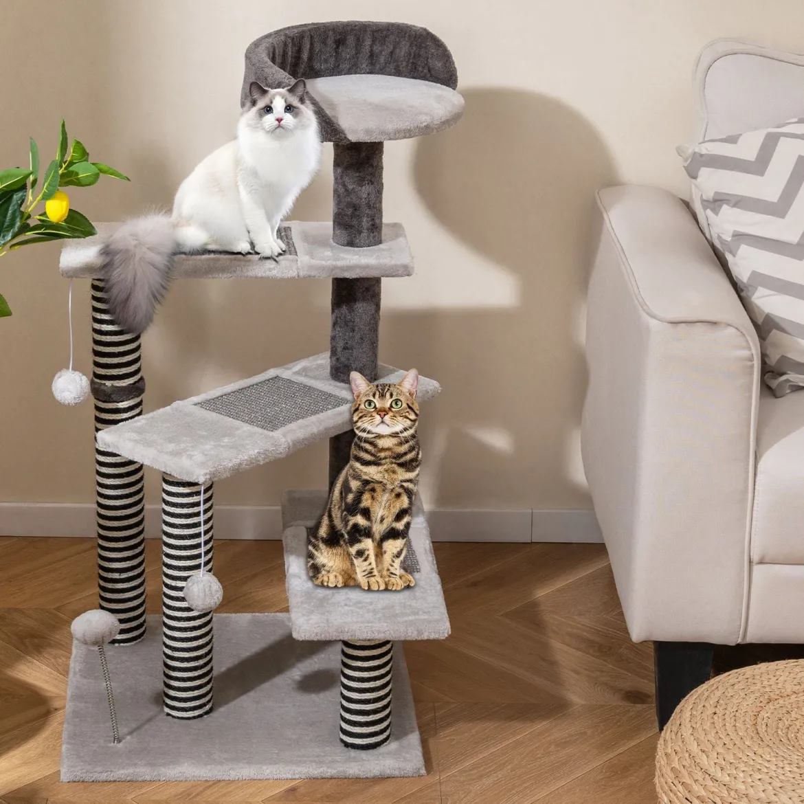 93 cm hoher Katzenbaum 5-stufige Kletterturm mit Sisal- & Jute-Kratzpfosten & -Matten Katzentreppe Grau