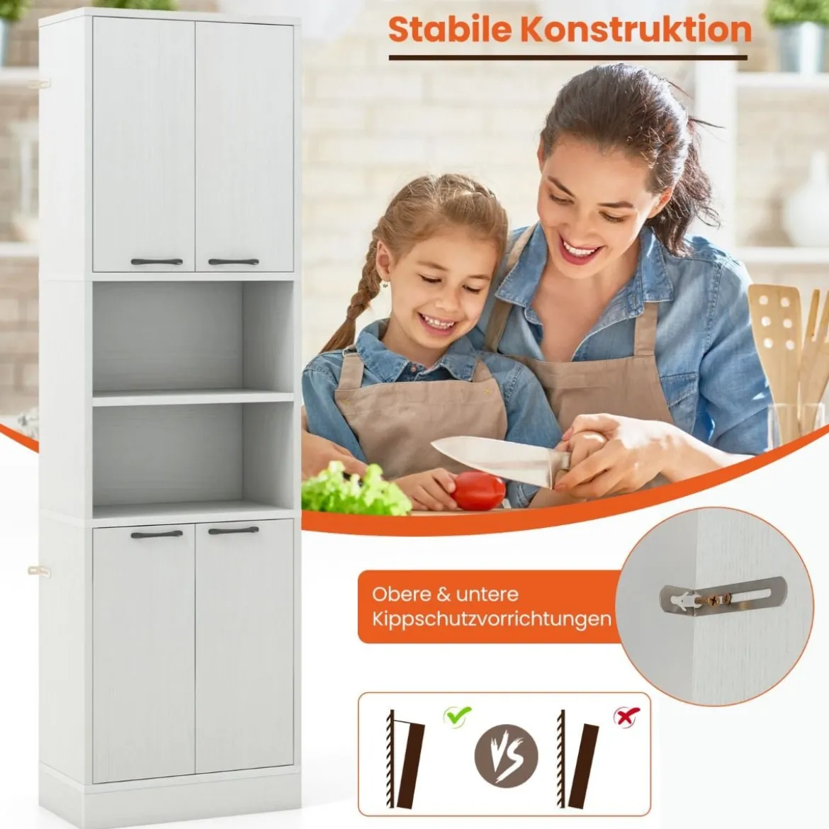 190 cm Hoher Küchenschrank mit Türen & Regalen Sideboard Hochschrank 56 x 30 x 190 cm