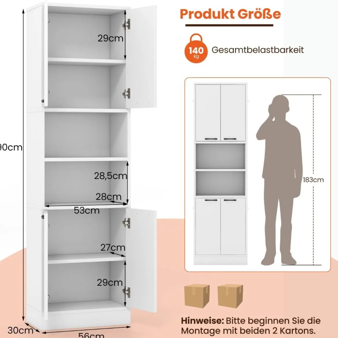 190 cm Hoher Küchenschrank mit Türen & Regalen Sideboard Hochschrank 56 x 30 x 190 cm