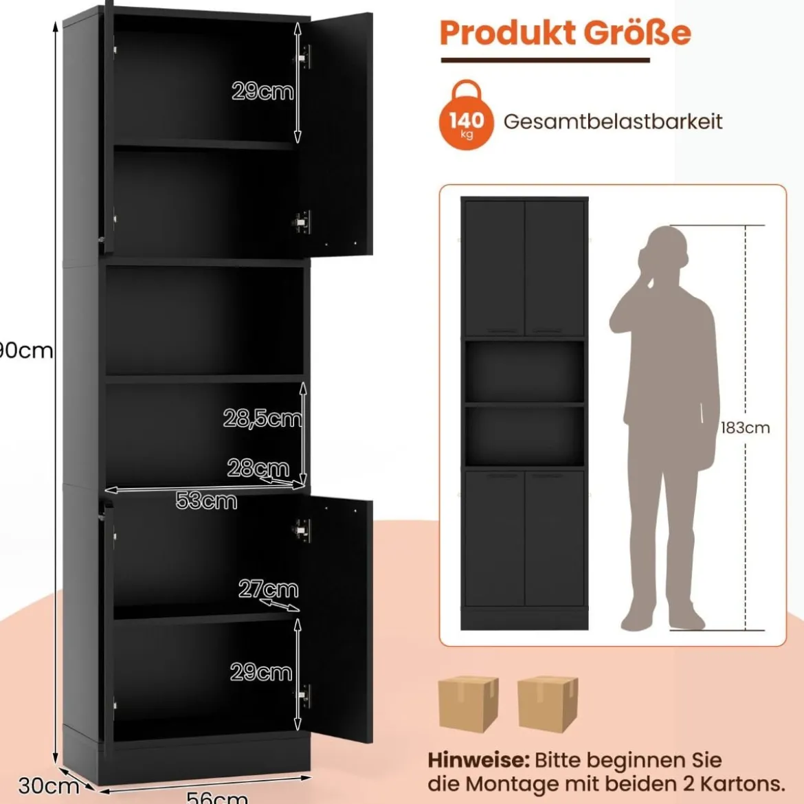 190 cm Hoher Küchenschrank mit Türen & Regalen Sideboard Hochschrank 56 x 30 x 190 cm