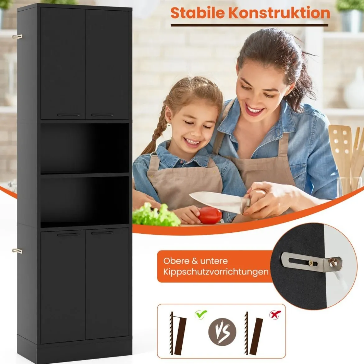 190 cm Hoher Küchenschrank mit Türen & Regalen Sideboard Hochschrank 56 x 30 x 190 cm