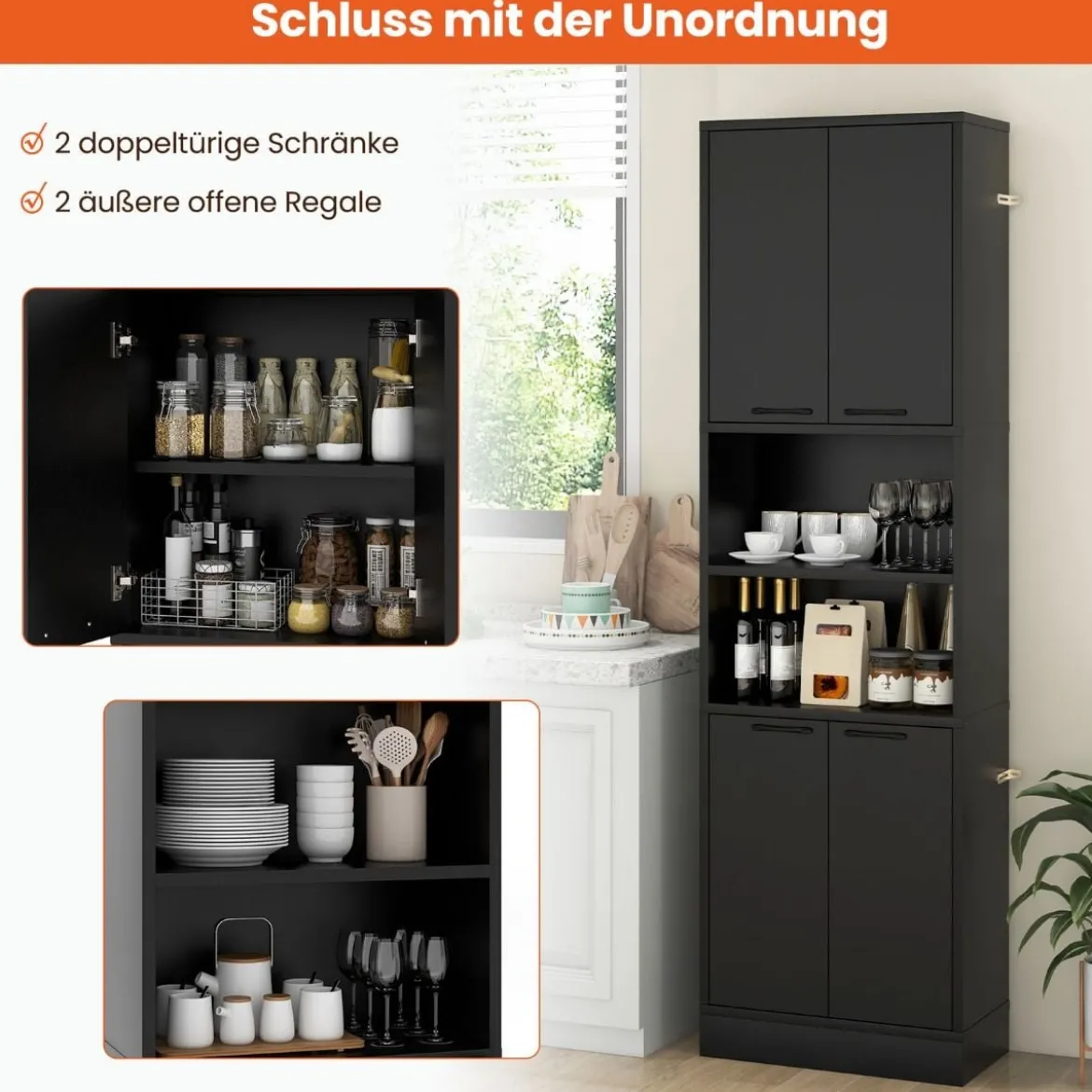 190 cm Hoher Küchenschrank mit Türen & Regalen Sideboard Hochschrank 56 x 30 x 190 cm