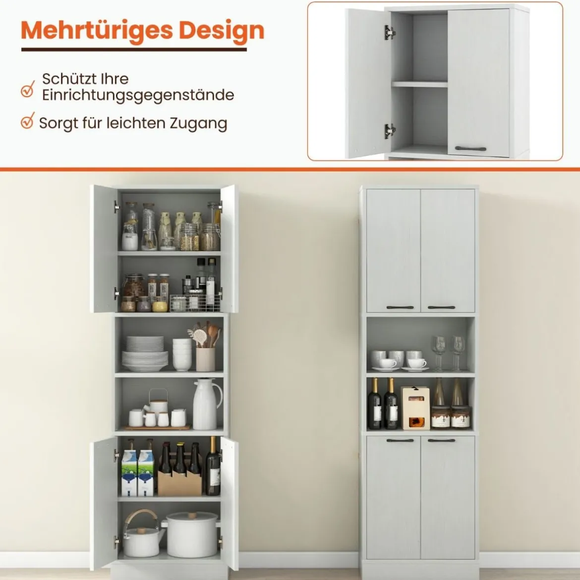 190 cm Hoher Küchenschrank mit Türen & Regalen Sideboard Hochschrank 56 x 30 x 190 cm