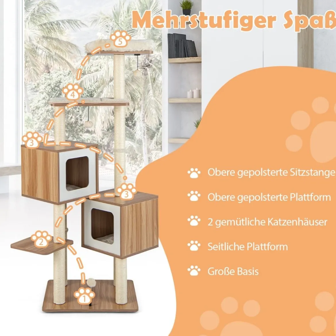 163 cm Hoher Kletterbaum Moderner Kratzbaum aus Holz Natur