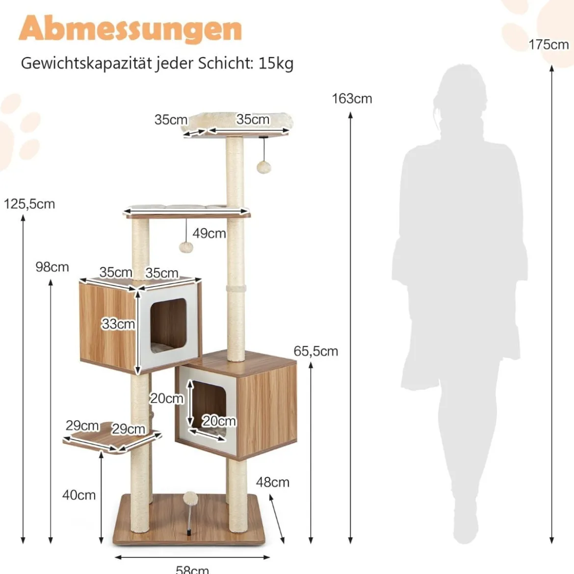 163 cm Hoher Kletterbaum Moderner Kratzbaum aus Holz Natur