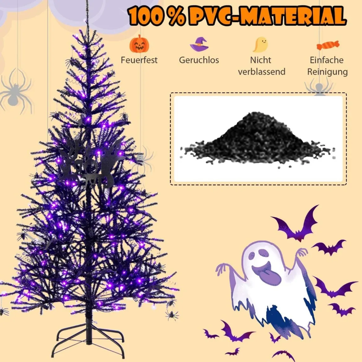 183 cm hoher künstlicher Halloween-Baum Feiertagsbaum mit LED-Leuchten und Schmuck Schwarz