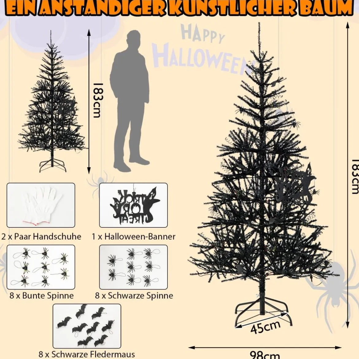 183 cm hoher künstlicher Halloween-Baum Feiertagsbaum mit LED-Leuchten und Schmuck Schwarz