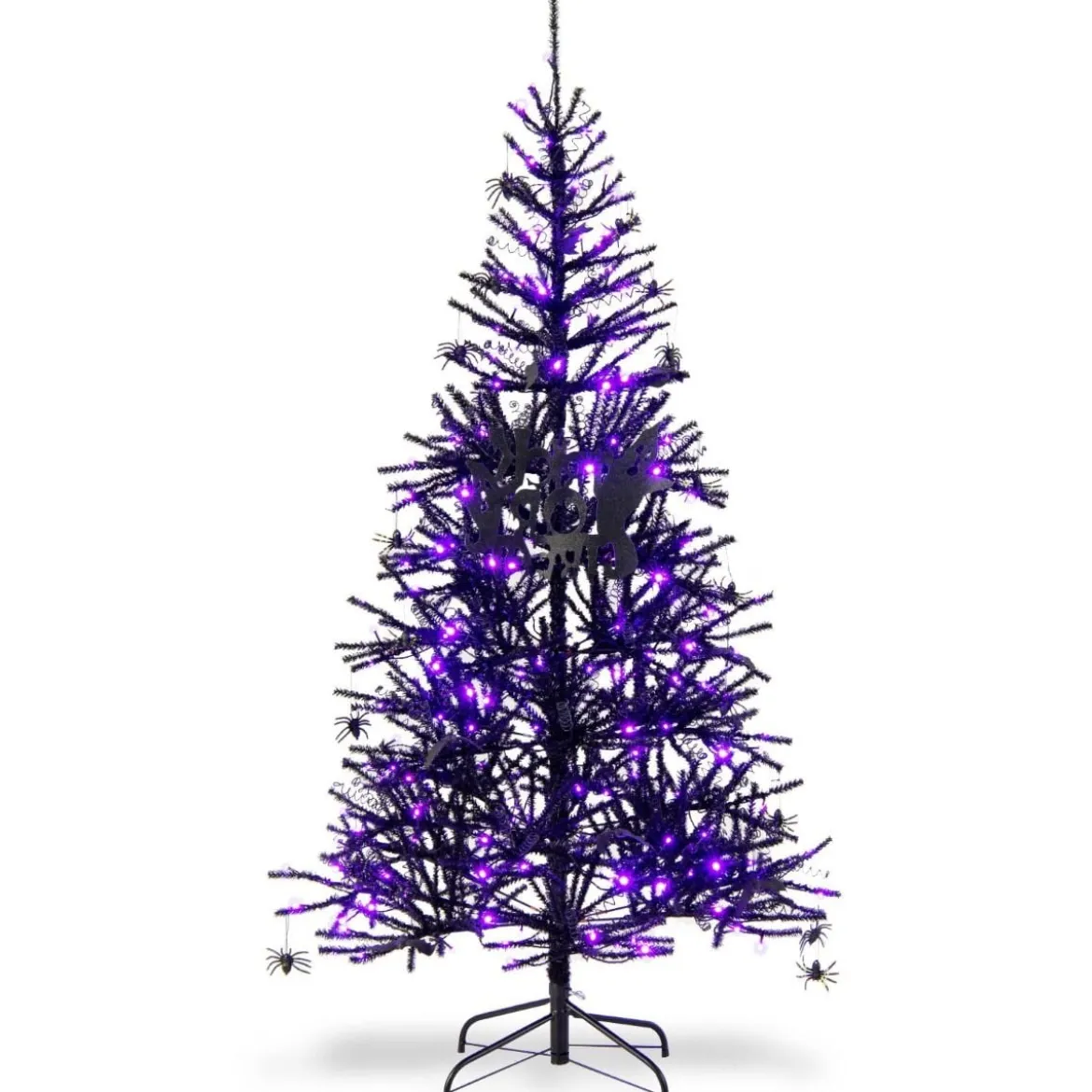 183 cm hoher künstlicher Halloween-Baum Feiertagsbaum mit LED-Leuchten und Schmuck Schwarz