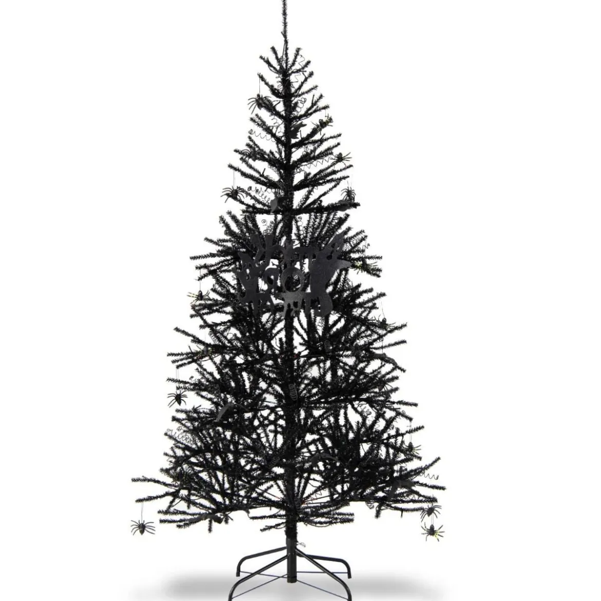 183 cm hoher künstlicher Halloween-Baum Feiertagsbaum mit LED-Leuchten und Schmuck Schwarz