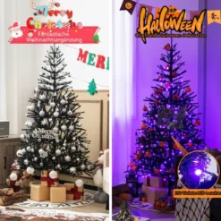 183 cm hoher künstlicher Halloween-Baum Feiertagsbaum mit LED-Leuchten und Schmuck Schwarz