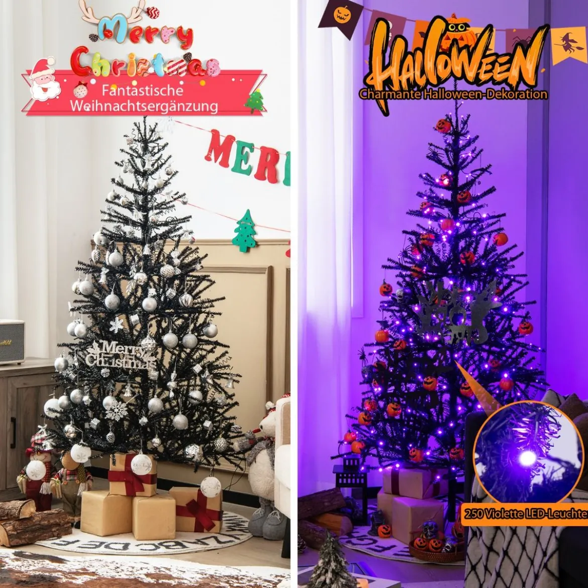 183 cm hoher künstlicher Halloween-Baum Feiertagsbaum mit LED-Leuchten und Schmuck Schwarz