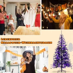 183 cm hoher künstlicher Halloween-Baum Feiertagsbaum mit LED-Leuchten und Schmuck Schwarz