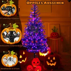 183 cm hoher künstlicher Halloween-Baum Feiertagsbaum mit LED-Leuchten und Schmuck Schwarz