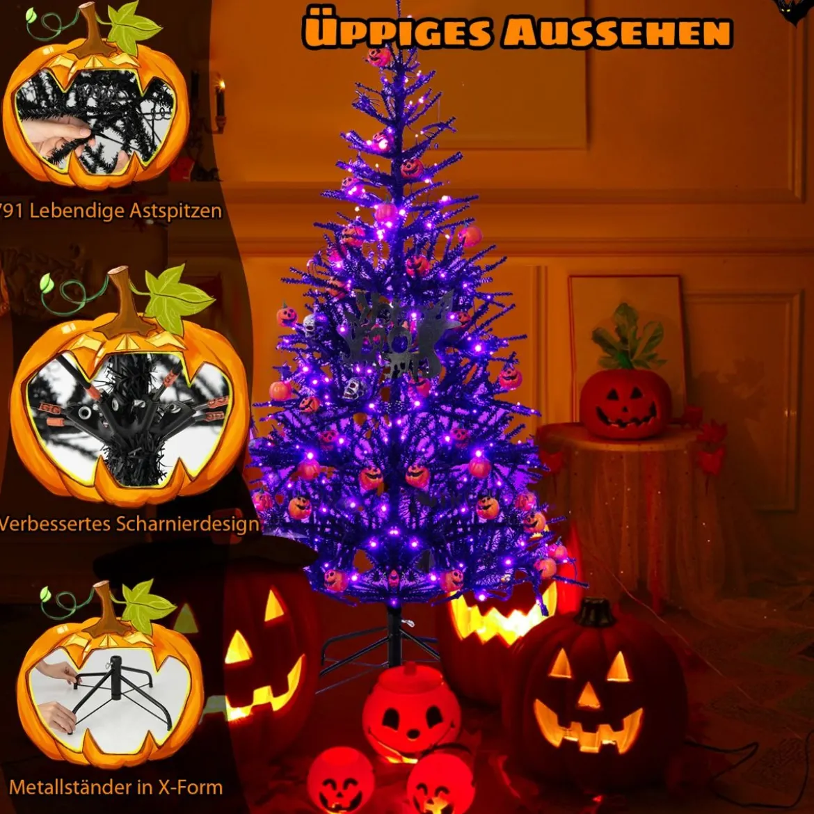 183 cm hoher künstlicher Halloween-Baum Feiertagsbaum mit LED-Leuchten und Schmuck Schwarz