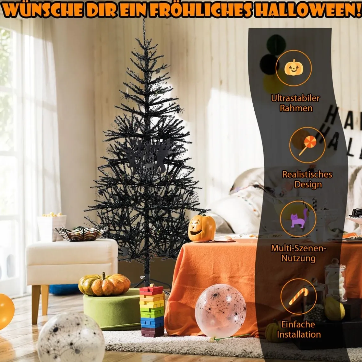 183 cm hoher künstlicher Halloween-Baum Feiertagsbaum mit LED-Leuchten und Schmuck Schwarz