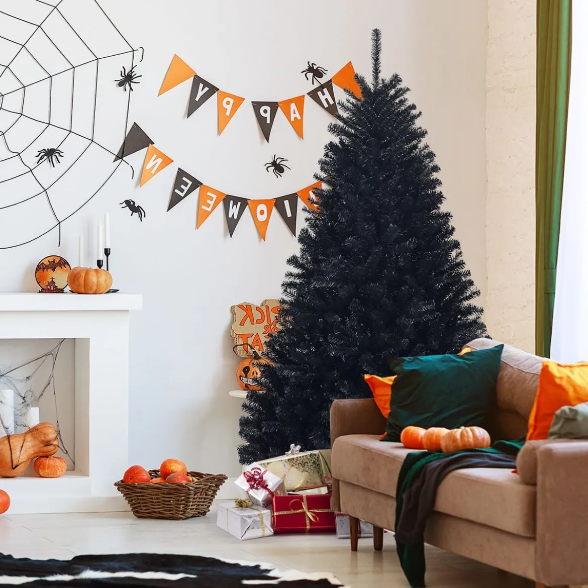 180 cm hoher künstlicher klappbarer Halloween-Weihnachtsbaum PVC Spitzen Schwarz