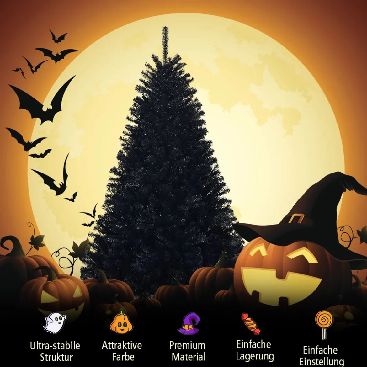 180 cm hoher künstlicher klappbarer Halloween-Weihnachtsbaum PVC Spitzen Schwarz