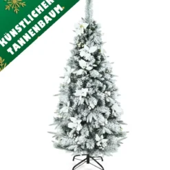 150 cm hoher künstlicher verschneiter Bleistift-Weihnachtsbaum mit weißen Beeren & Weihnachtssternen