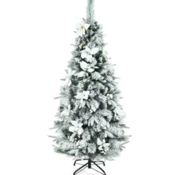 150 cm hoher künstlicher verschneiter Bleistift-Weihnachtsbaum mit weißen Beeren & Weihnachtssternen