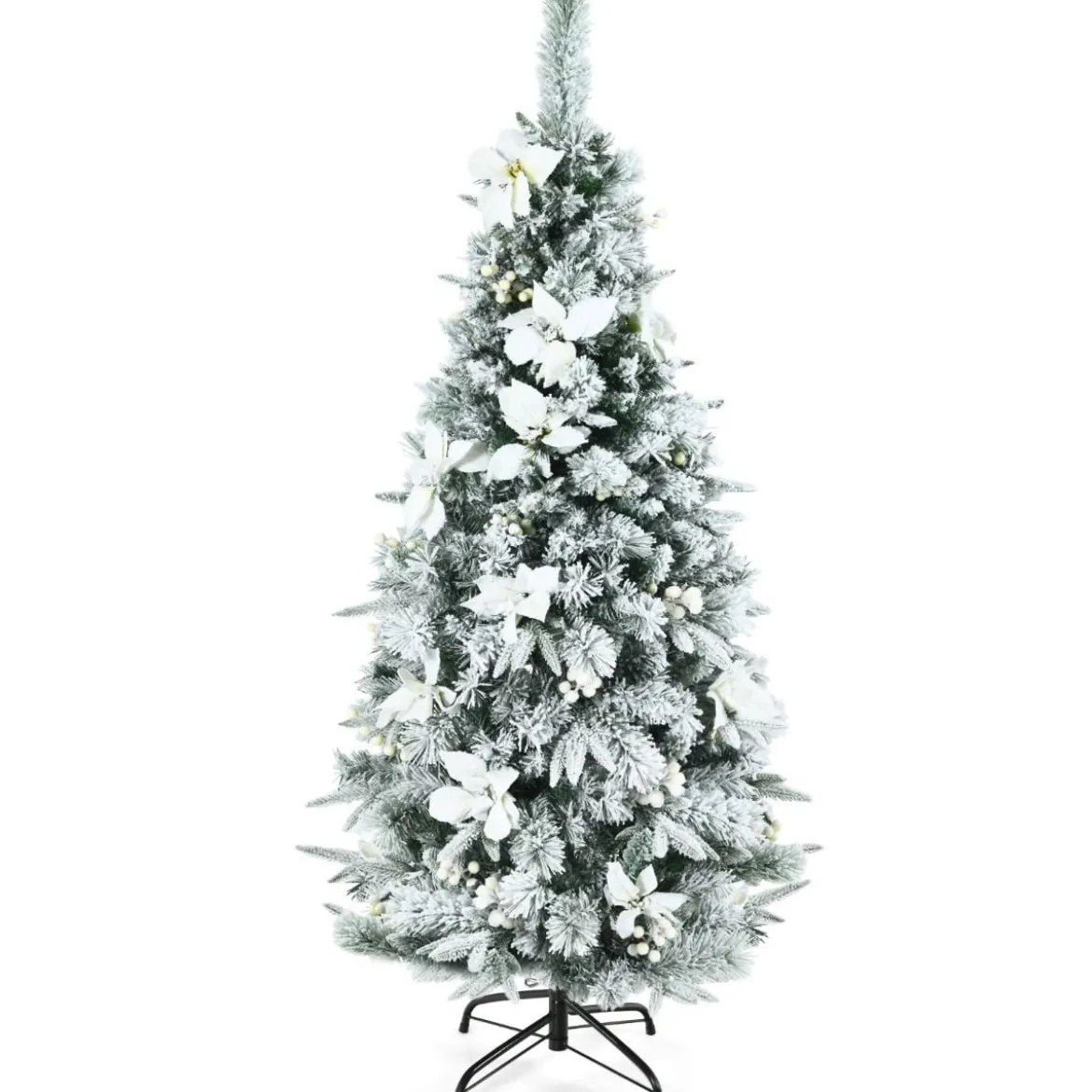 150 cm hoher künstlicher verschneiter Bleistift-Weihnachtsbaum mit weißen Beeren & Weihnachtssternen