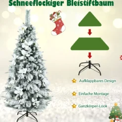 150 cm hoher künstlicher verschneiter Bleistift-Weihnachtsbaum mit weißen Beeren & Weihnachtssternen