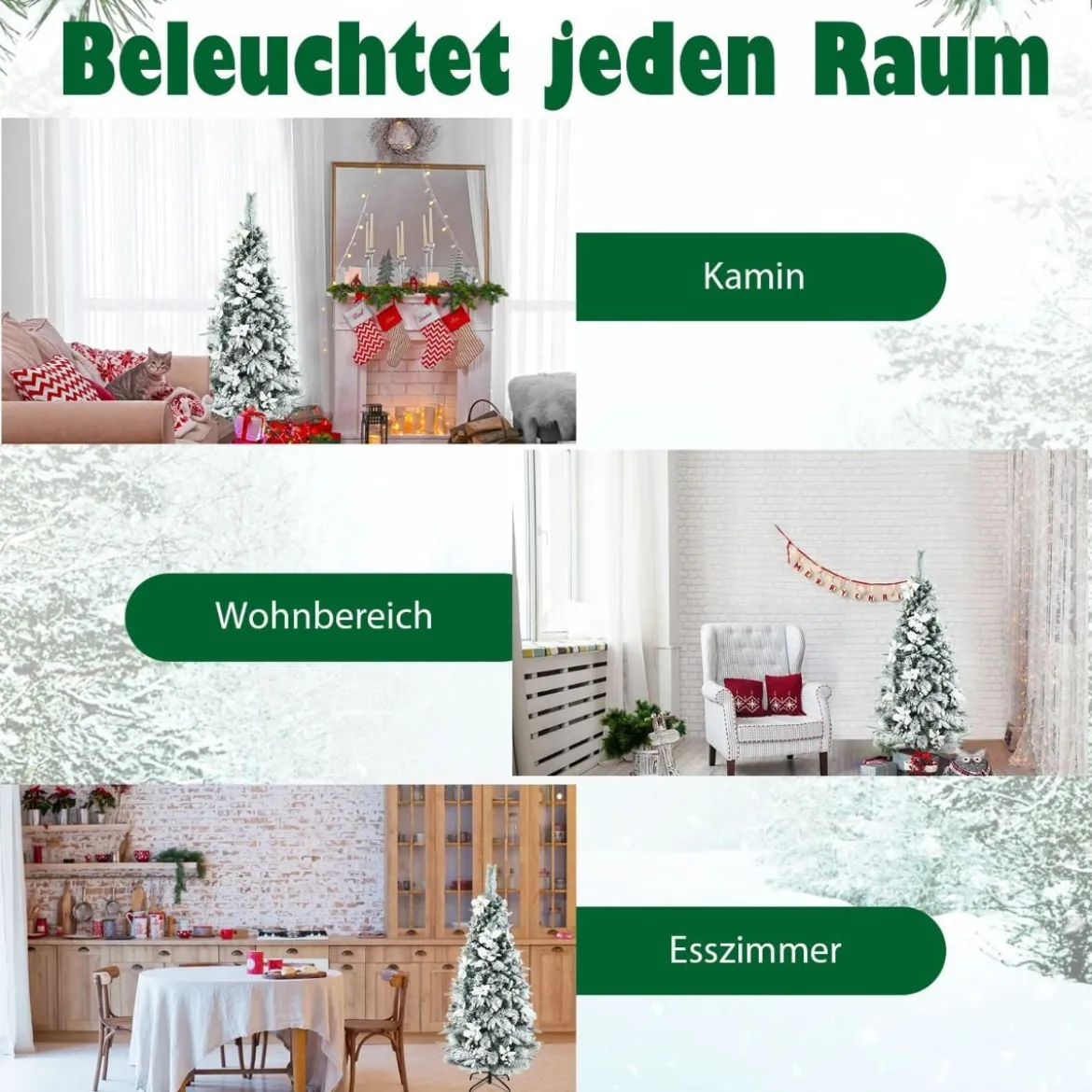 150 cm hoher künstlicher verschneiter Bleistift-Weihnachtsbaum mit weißen Beeren & Weihnachtssternen