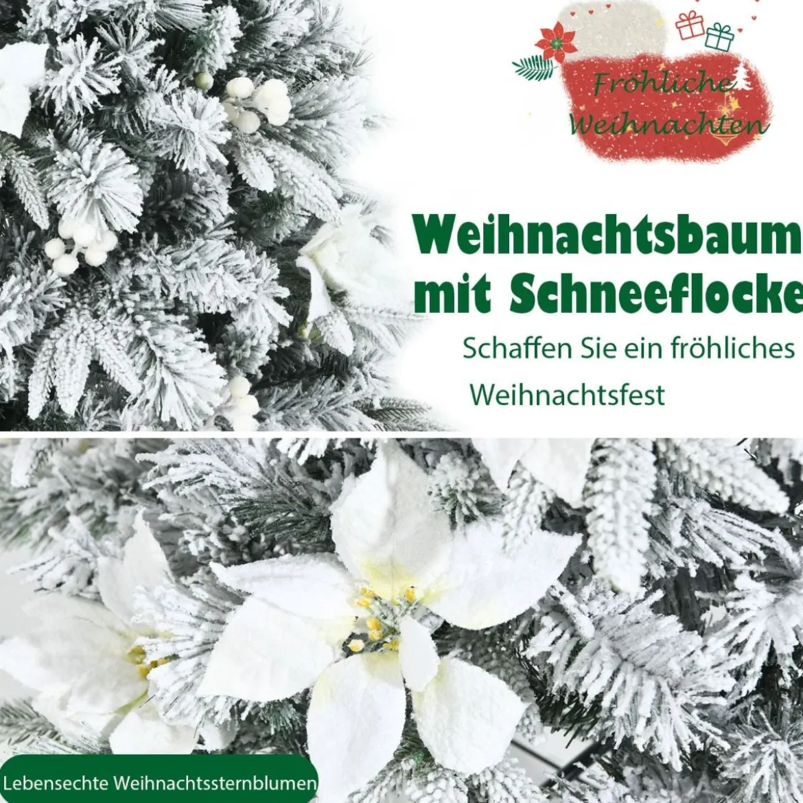 150 cm hoher künstlicher verschneiter Bleistift-Weihnachtsbaum mit weißen Beeren & Weihnachtssternen