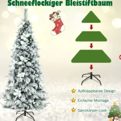 180 cm hoher künstlicher verschneiter Bleistift-Weihnachtsbaum mit weißen Beeren & Weihnachtssternen
