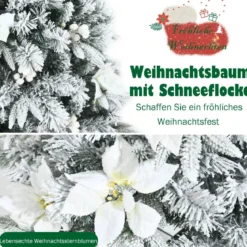 180 cm hoher künstlicher verschneiter Bleistift-Weihnachtsbaum mit weißen Beeren & Weihnachtssternen
