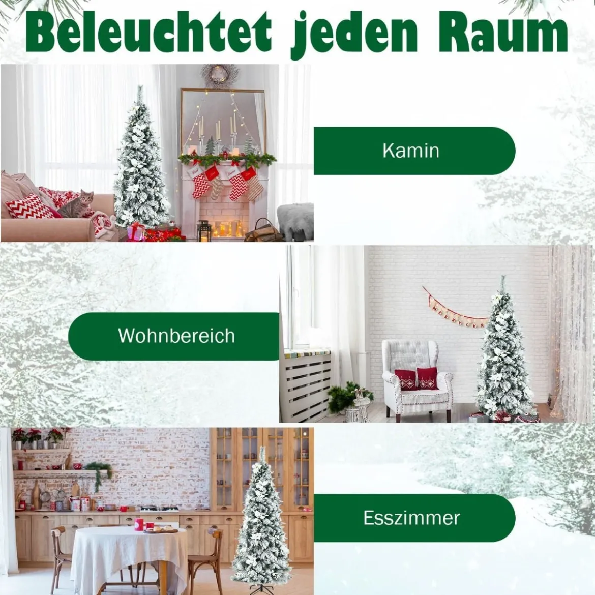 180 cm hoher künstlicher verschneiter Bleistift-Weihnachtsbaum mit weißen Beeren & Weihnachtssternen