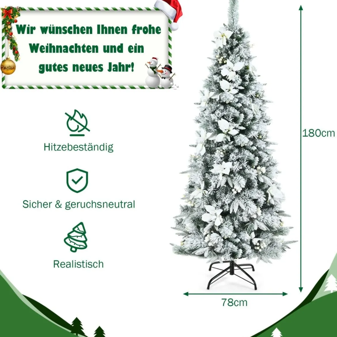 180 cm hoher künstlicher verschneiter Bleistift-Weihnachtsbaum mit weißen Beeren & Weihnachtssternen