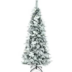 180 cm hoher künstlicher verschneiter Bleistift-Weihnachtsbaum mit weißen Beeren & Weihnachtssternen