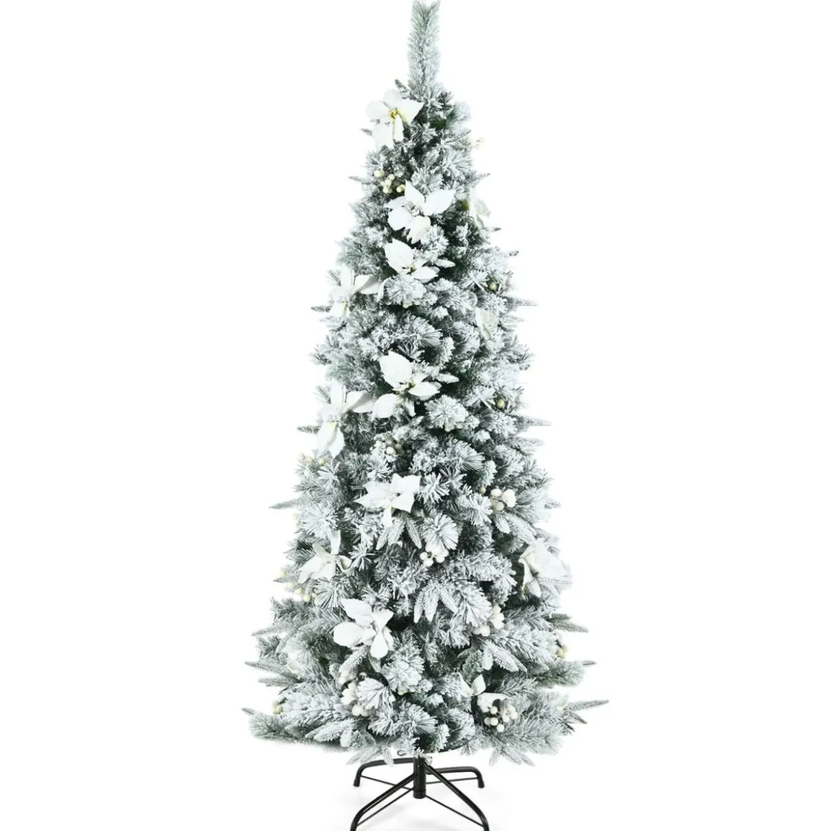 180 cm hoher künstlicher verschneiter Bleistift-Weihnachtsbaum mit weißen Beeren & Weihnachtssternen