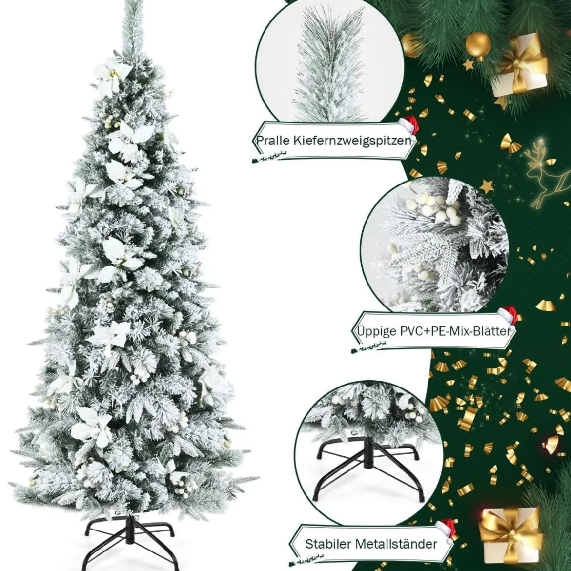 180 cm hoher künstlicher verschneiter Bleistift-Weihnachtsbaum mit weißen Beeren & Weihnachtssternen