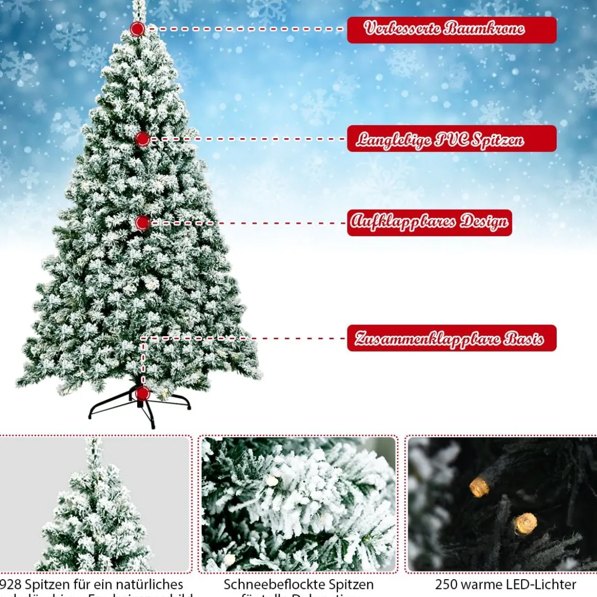 180 cm hoher künstlicher Weihnachtsbaum mit warmen LED-Leuchten Weihnachtsbaum Grün + Weiß