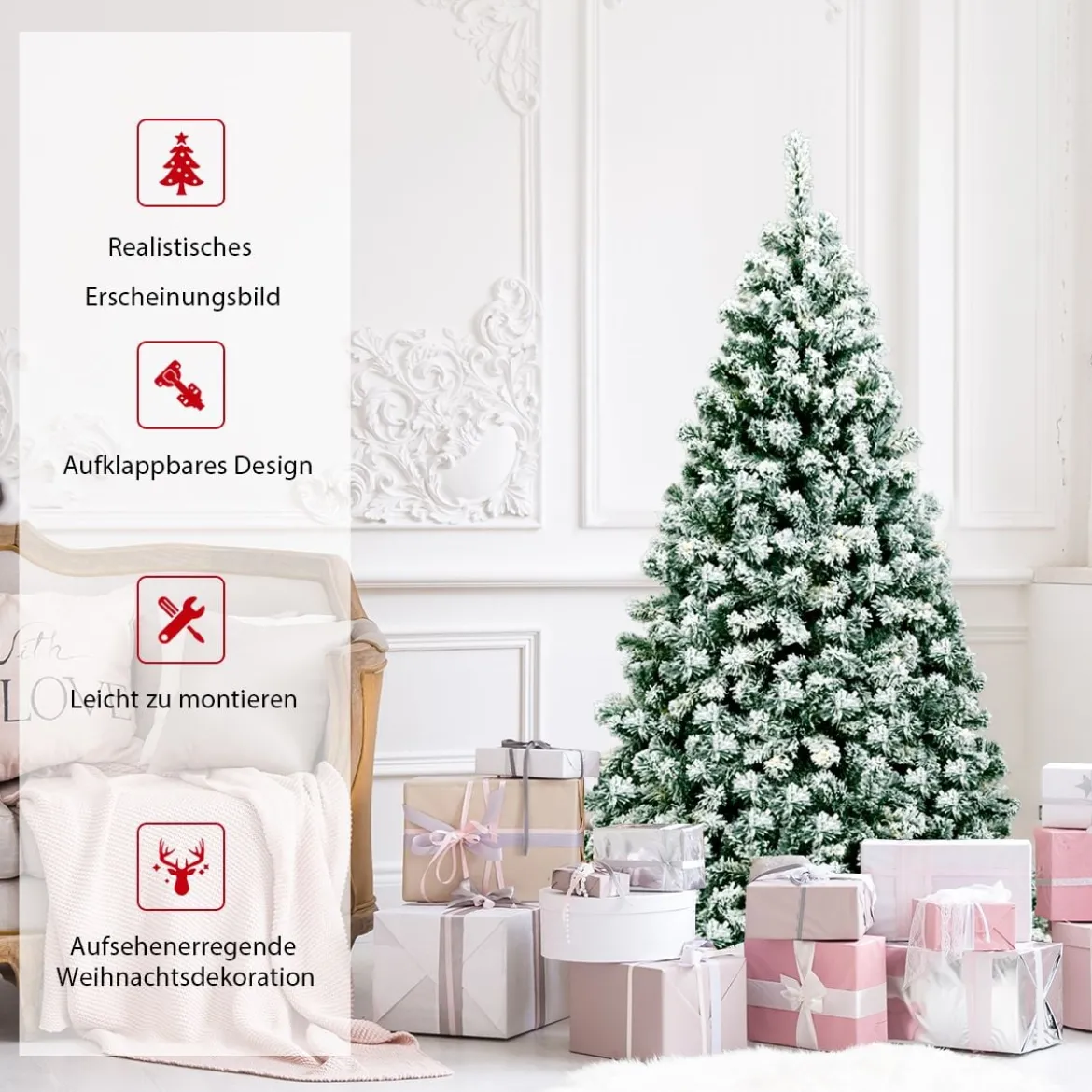 180 cm hoher künstlicher Weihnachtsbaum mit warmen LED-Leuchten Weihnachtsbaum Grün + Weiß