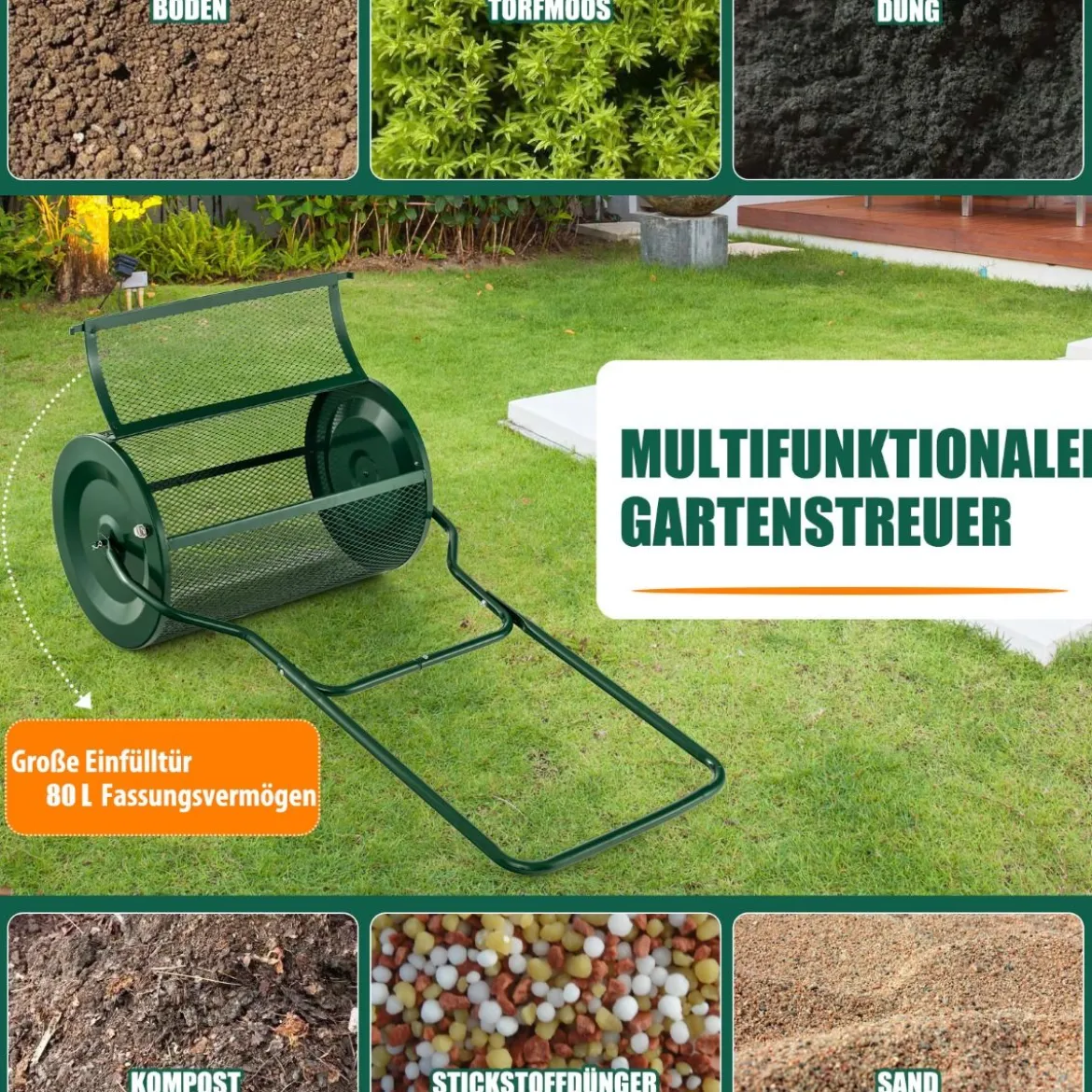 60,5 cm Hoher Kompoststreuer 39 cm Breiter Torfstreuer mit Verbessertem U-förmigen Griff