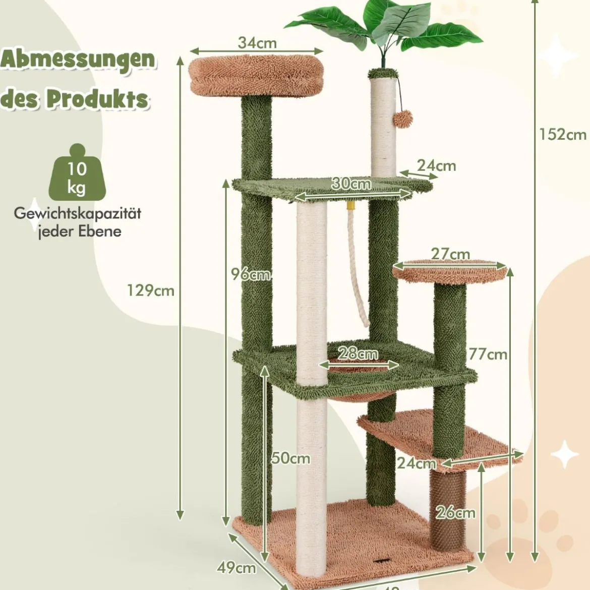 152 cm hoher Kratzbaum für Hauskatzen mehrstöckiger Katzenturm mit Sisalpfosten