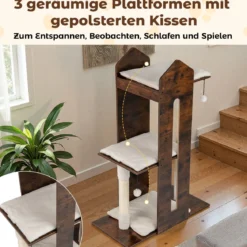 120 cm hoher Kratzbaum Holz Katzenkratzbaum mit Sisal-Kratzpfosten & hängenden Bällen Katzenbaum Rustikales Braun
