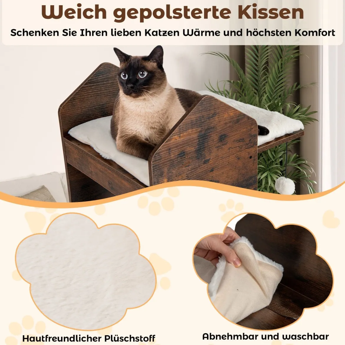 120 cm hoher Kratzbaum Holz Katzenkratzbaum mit Sisal-Kratzpfosten & hängenden Bällen Katzenbaum Rustikales Braun