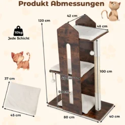 120 cm hoher Kratzbaum Holz Katzenkratzbaum mit Sisal-Kratzpfosten & hängenden Bällen Katzenbaum Rustikales Braun