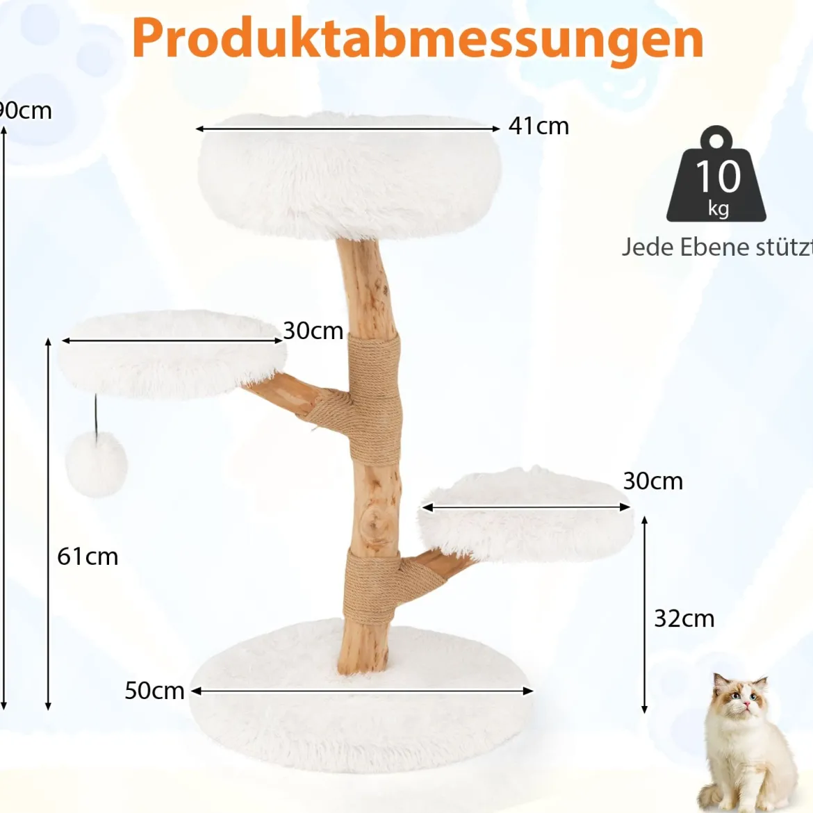90 cm hoher Kratzbaum Katzenturm aus massivem Birnbaumholz mit Aussichtsplattform Weiß