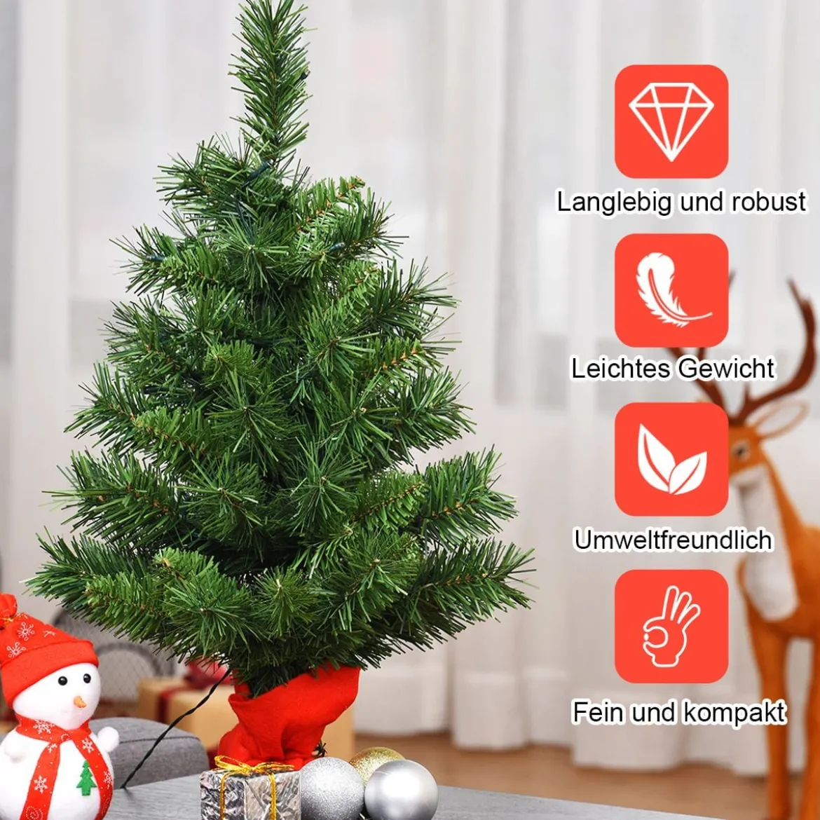 60 cm hoher Mini-Weihnachtsbaum für Tische mit warmweißen LED-Leuchten Grün + Rot