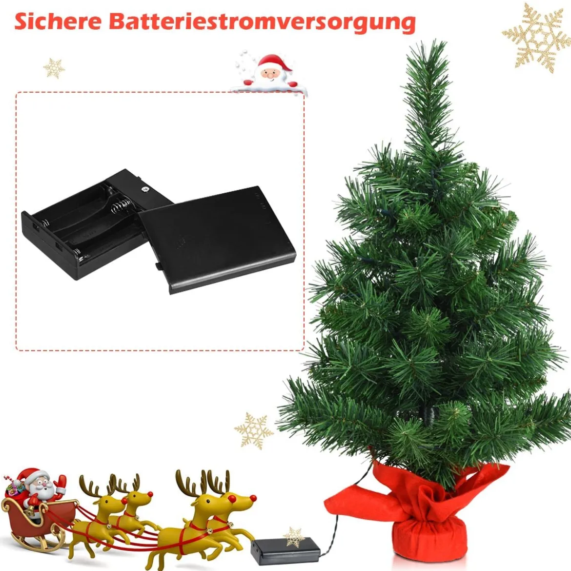 60 cm hoher Mini-Weihnachtsbaum für Tische mit warmweißen LED-Leuchten Grün + Rot