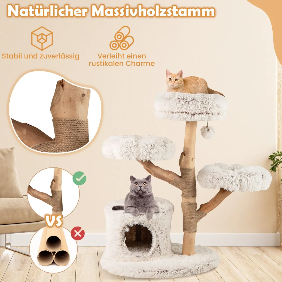 102 cm Hoher Moderner Kratzbaum mit Echtholzstamm & Hängender Ball Kletterturm für Katzen