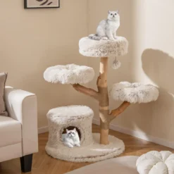 102 cm Hoher Moderner Kratzbaum mit Echtholzstamm & Hängender Ball Kletterturm für Katzen