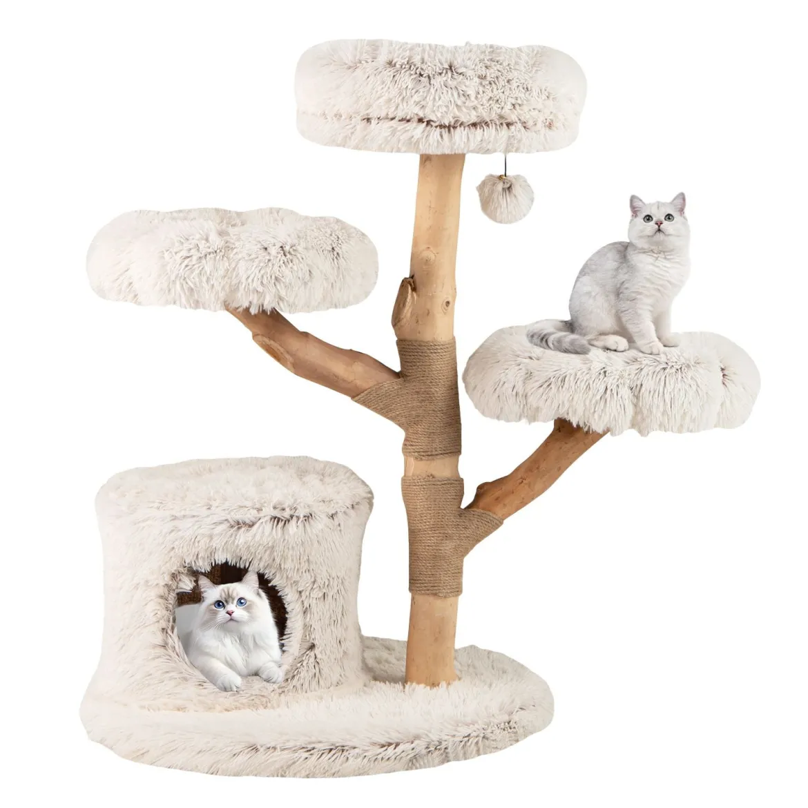 102 cm Hoher Moderner Kratzbaum mit Echtholzstamm & Hängender Ball Kletterturm für Katzen